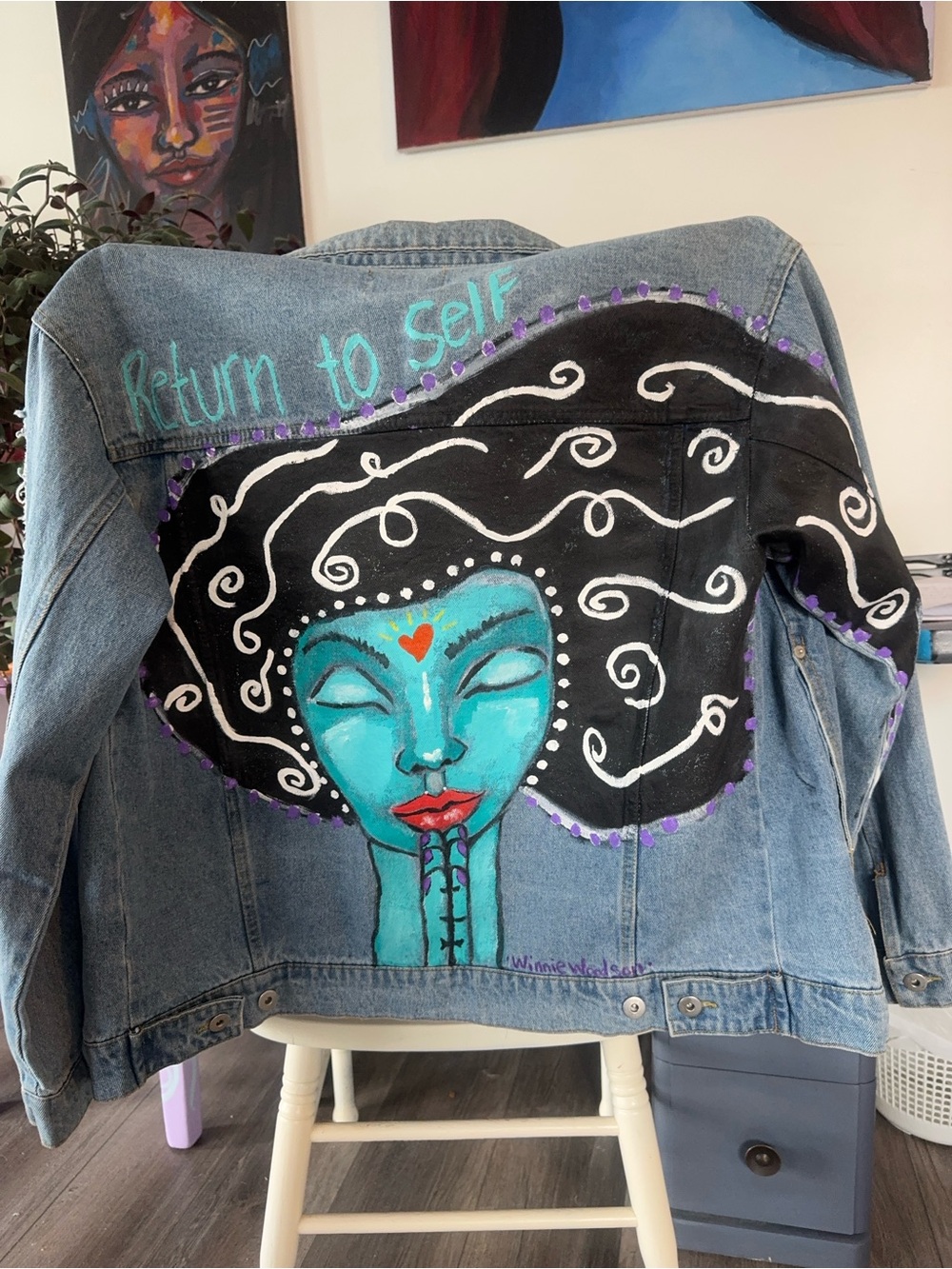 Custom Hand-Painted "Return to Self" Denim Jacket - Large - Picture 2 of 16